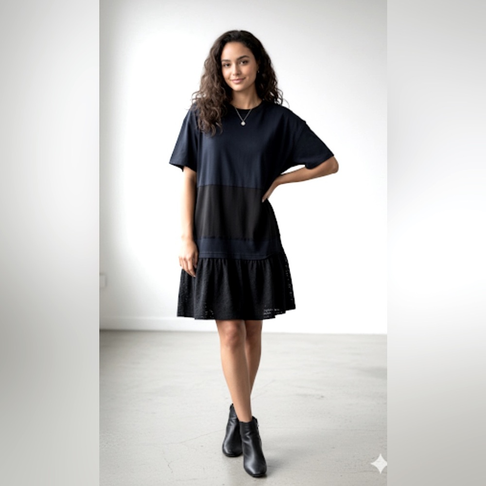 See by Chloé Blue Knee-Length Eyelet Trim Shift Dress Short Sleeve Scoop Neck L